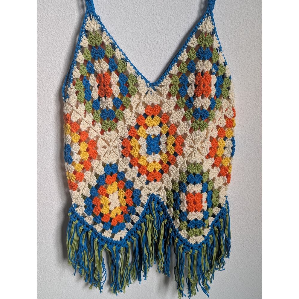 Handmade Multicolor Crochet Fringe Tank Top - Blue Trim - Picture 6 of 9